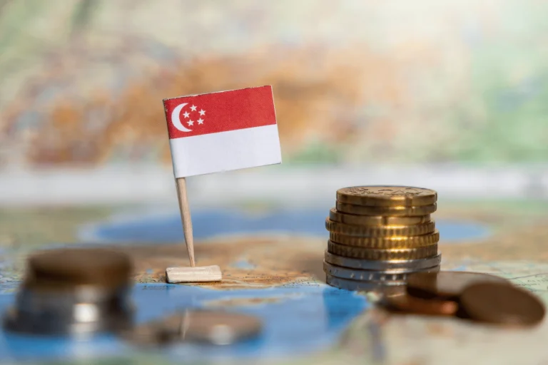 Singapore flag beside stacked coins on a map, symbolising fiscal policy analysis for H2 economics tuition.